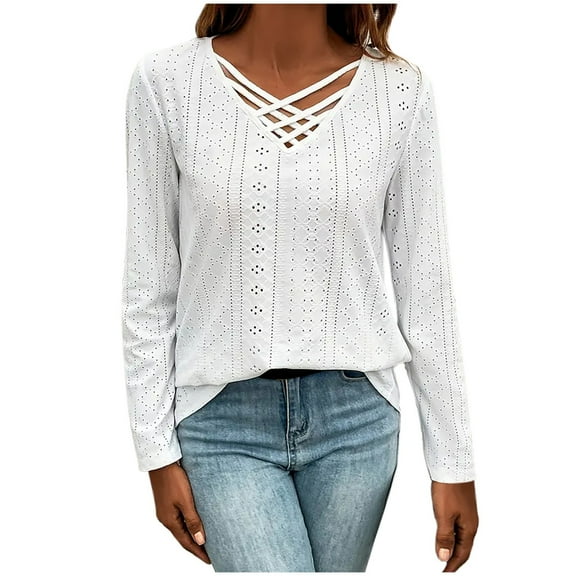 Blouses For Women, Women Tank Tops Summer V Neck Criss Cross Eyelet Embroidery Tops Sleeveless Solid Color Casual Basic Blouse