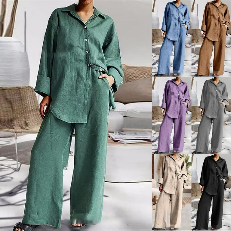 Button Down 2 Piece Linen Outfits for Women Shirts Casual