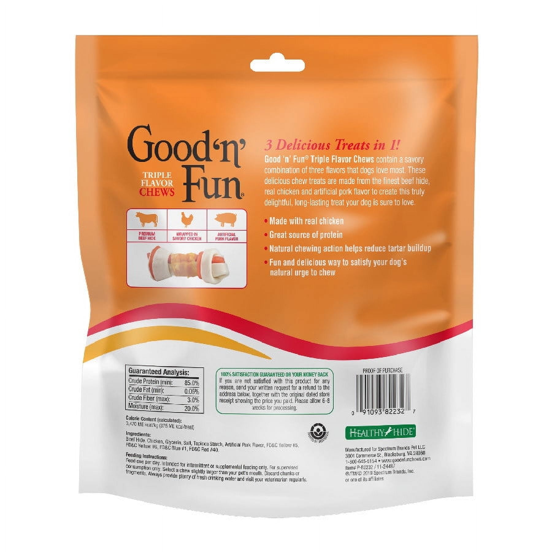 (3 pack) Good ‘n’ Fun Triple Flavor Chews for All Dogs, Rawhide Snack with Beef, Chicken and Pork, 3 Count
