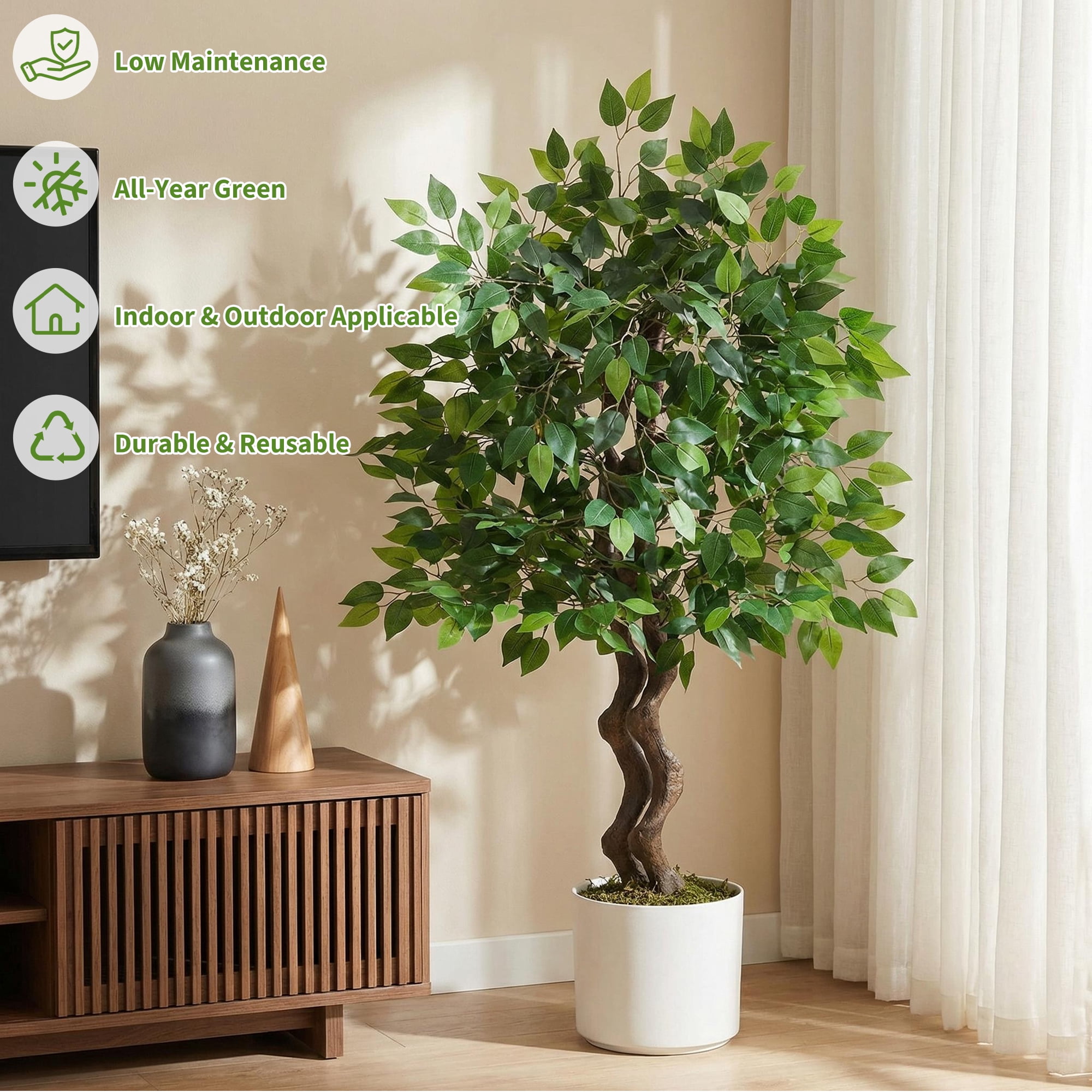 4ft Artificial Ficus Tree, Faux Banyan Tree Floor Plant with Realistic PVC Trunk and Full Dense Foliage, Indoor Home Office Living Room Decor