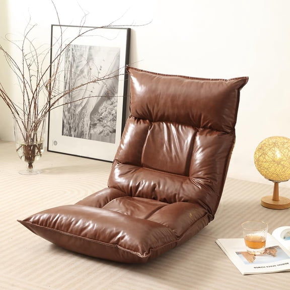 Brown Faux Leather Adjustable Floor Lounge Chair With Foldable Backrest For Gaming Reading Meditation