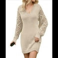 thumbnail image 3 of Women'S Mini Fitted Crochet Hollow-Out Sweater Sexy- Dress Dressy Casual Long Sleeve V Neck Knit Dresses Beige S, 3 of 8