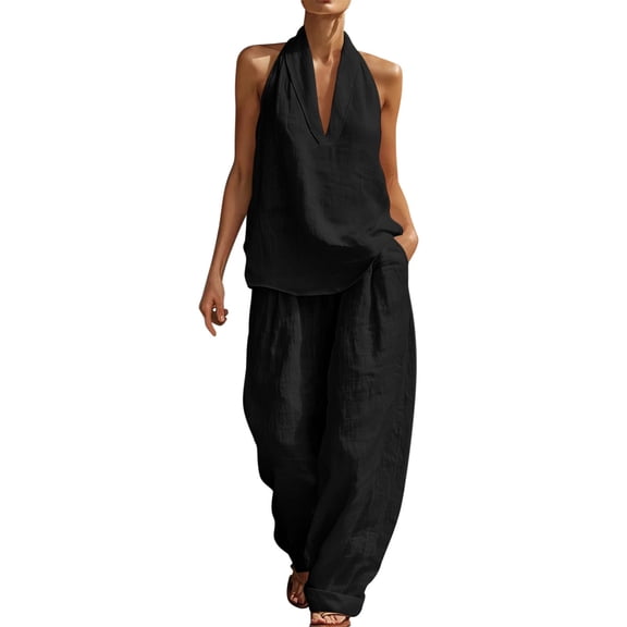 Ahabrexf 2 Pc Set for Women Solid Color Sleeveless Top and Elastic Waist Pants with Pockets Summer Casual Outfit