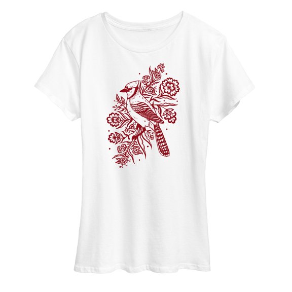 Instant Message - Blue Jay And Flowers Short Sleeve Graphic T-Shirt