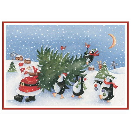 Designer Greetings Santa and Penguins Carrying Tree Box of 18 Cute Christmas