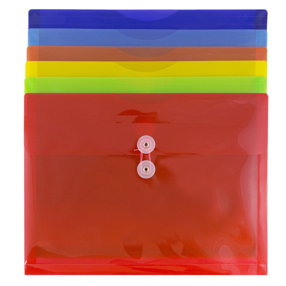 JAM Paper Plastic Envelopes, 9.8" x 13", 12 per Pack, Assorted, Button String, Letter Booklet, Medium