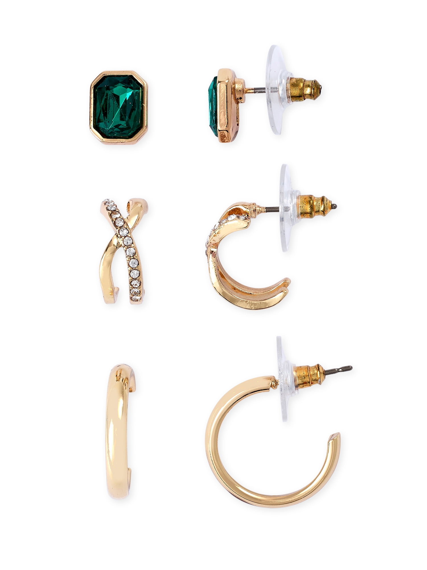 Sofia Jewelry by Sofia Vergara Women's Gold with Green Stone Hoop and Stud Earrings, Set of 3