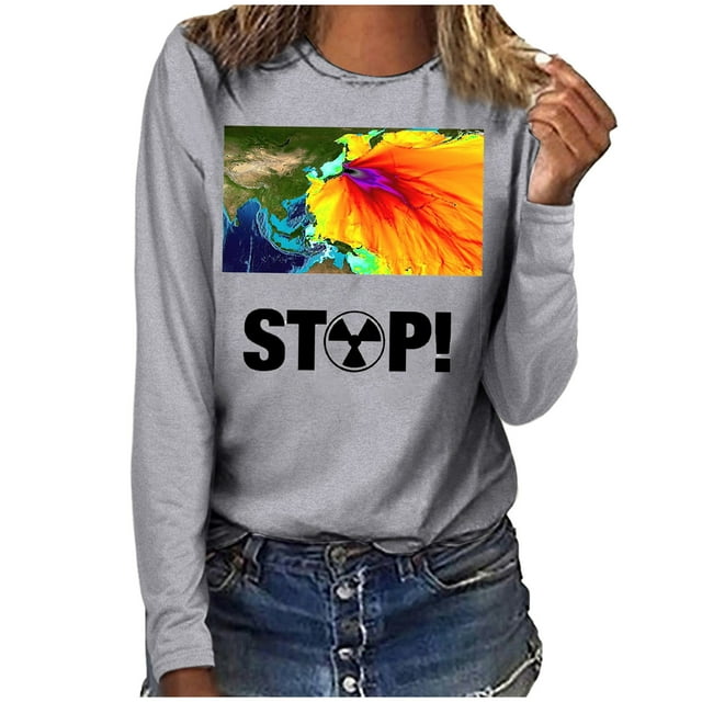 RKSTN Sweatshirt for Women Fall Fashion Lightweight Solid Color Sweatshirt Long Sleeve Round-Neck Marine Pollution Printed Tops