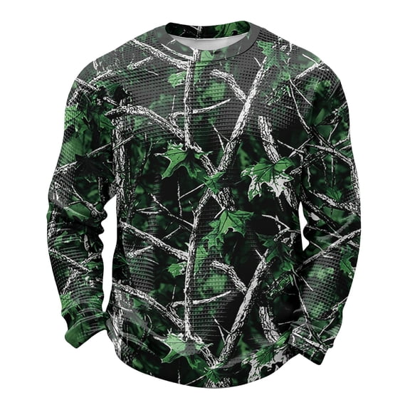 ASDFVBKG Lightweight Mens Crew Neck Sweatshirt, Camo Maple Leaf Printed Waffle Knit Long Sleeve Casual Pullover Dark Green 4XL