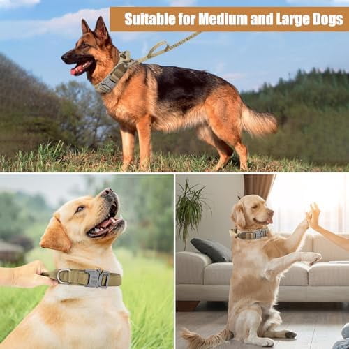 Tactical Dog Collar Leash Set, Adjustable Military Training Nylon Collar Dog Training with Control Handleand Metal Buckle, Dog Collar for Medium Large Dogs (Brown,M)
