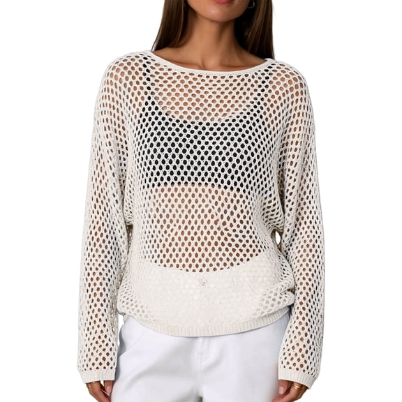 WULMLEO Crochet Tops for Women Summer Beach Swim Cover Ups Knit Beach Cover Up Short Sleeve Hollow Out Shirts White M