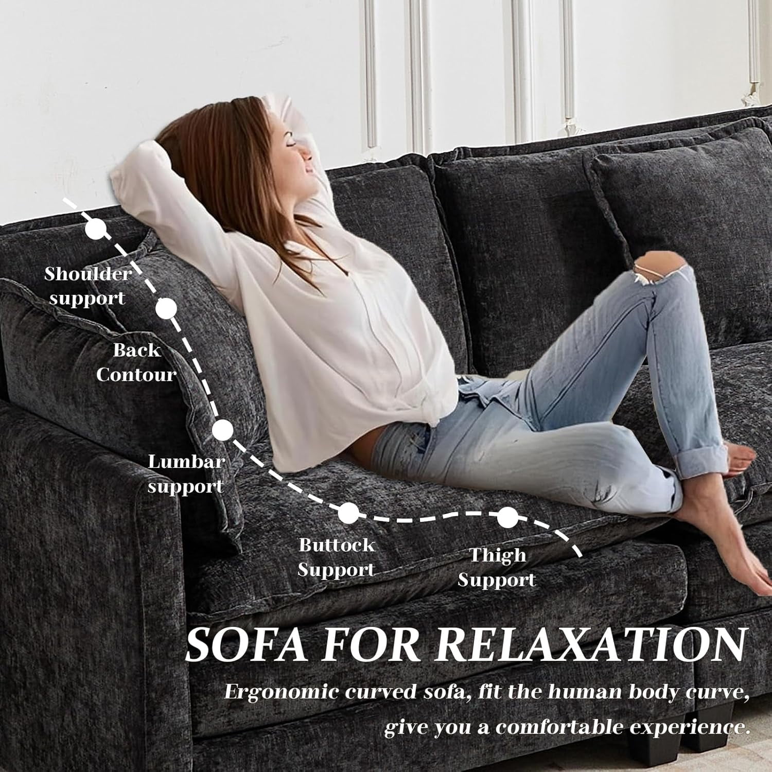 YWEN 77.95" Chenille Sectional Sofa, Comfy Modular Loveseat Sofa, Modern 2-Seat Couch Deep Seat Sofa Set for Living Room,Black