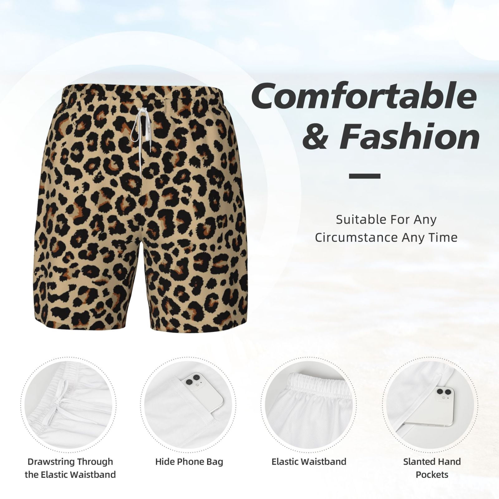 Xecao Leopard Print-1 for Men's Swimming Trunks Swim Trunks Quick Dry Swim Shorts with Mesh Lining Funny Swimwear Bathing Suits