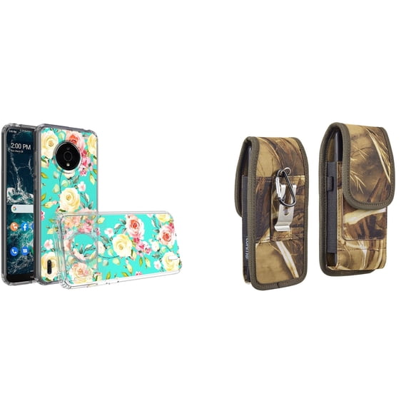Case and Pouch Bundle for Nokia C200: Slim Series TPU Protector Case (White Pink Flowers on Teal) and Vertical Rugged Nylon Belt Holster (Camo)