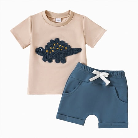 Toddler Baby Boy Summer Outfit Embroidered Infant Boys Outfits Short Sleeve Crewneck T Shirt Side Pocket Knit Shorts Set Blue 2-3 Years