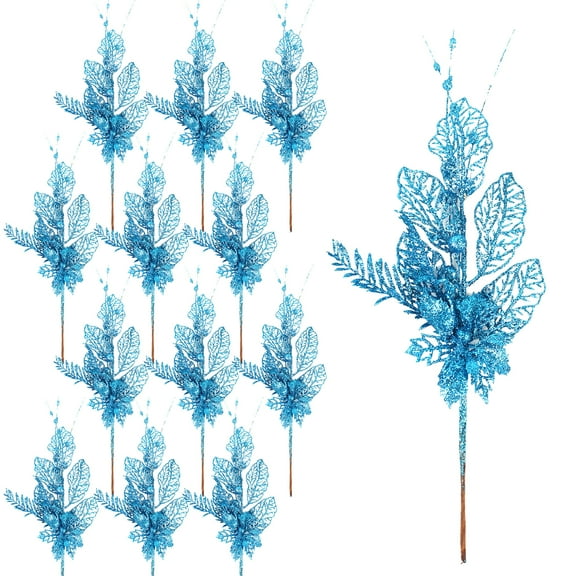 12 Pcs 16.2 Inch Artificial Christmas Picks for Christmas Tree Glitters Christmas Picks Sprays with Flowers Berry Leaves Christmas Glitter Berries Stems for Xmas Tree Ornaments (Blue)