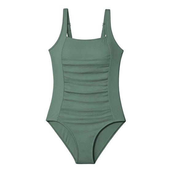 JIAYUE Big Girls One-Piece Swimwear Solid Color Square Neck Sleeveless Swimsuit Summer Vacation Beach Bathing Suit With Padded For Kids