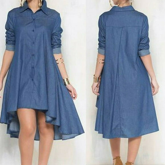 Womens Blue Jeans Denim T-Shirt Long Sleeve Loose Tops Shirt Mini Dress