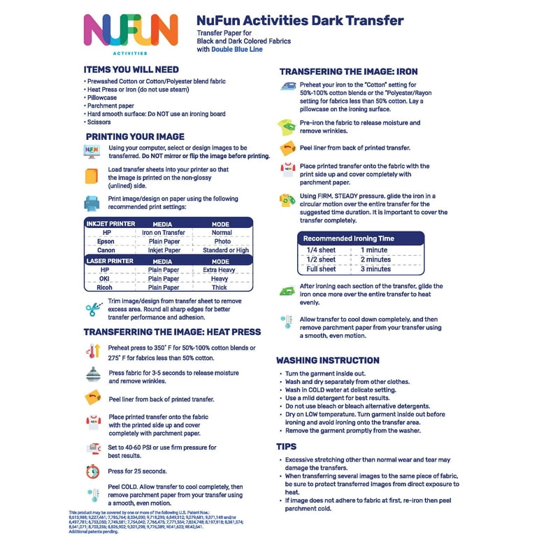 NuFun Activities Inkjet Printable Iron-On Heat Transfer Paper, Light Fabrics, 8.5 x 11 inch (50 Sheets)