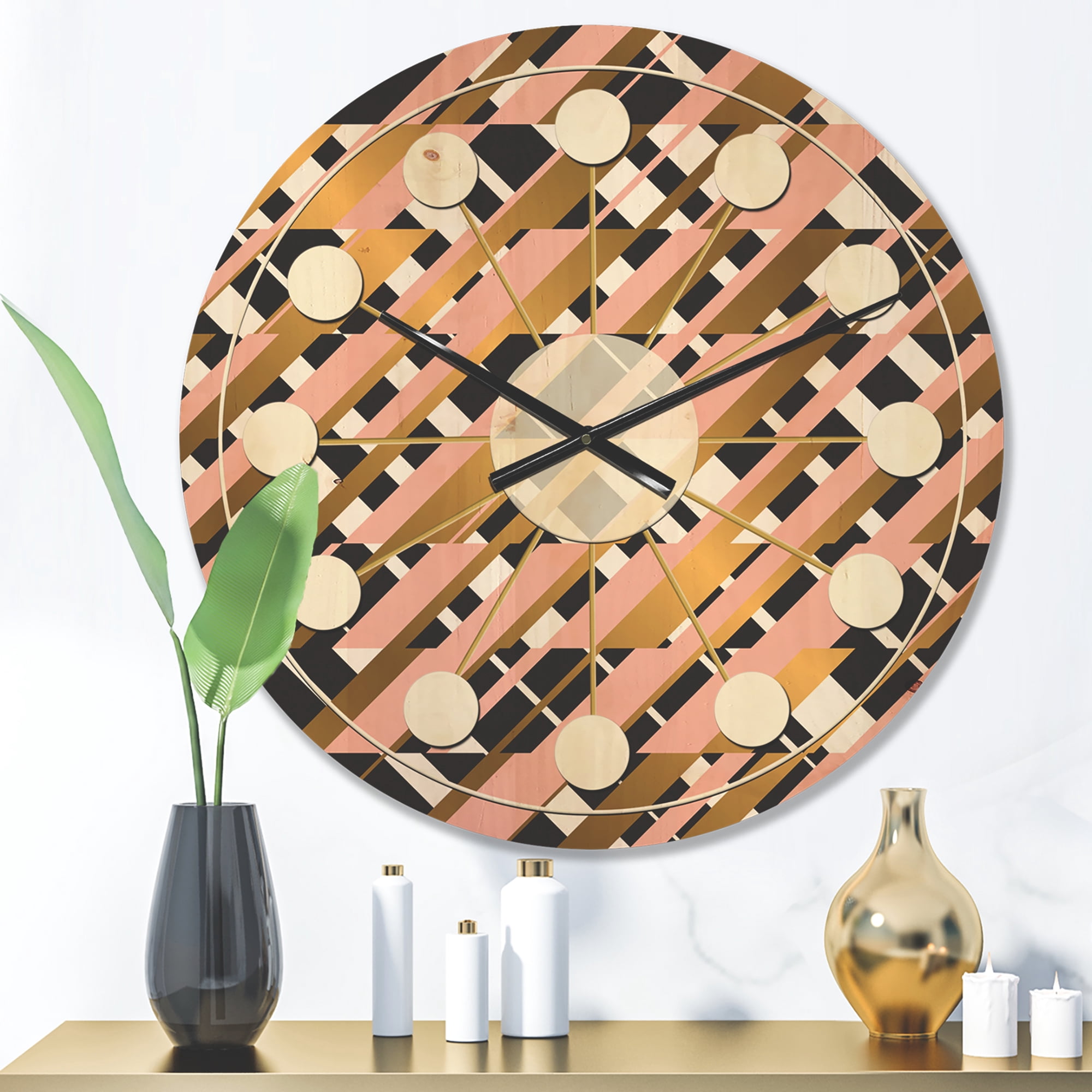 Designart 'Gold Checkered Retro Pattern II' Mid-Century Modern Wood Wall Clock