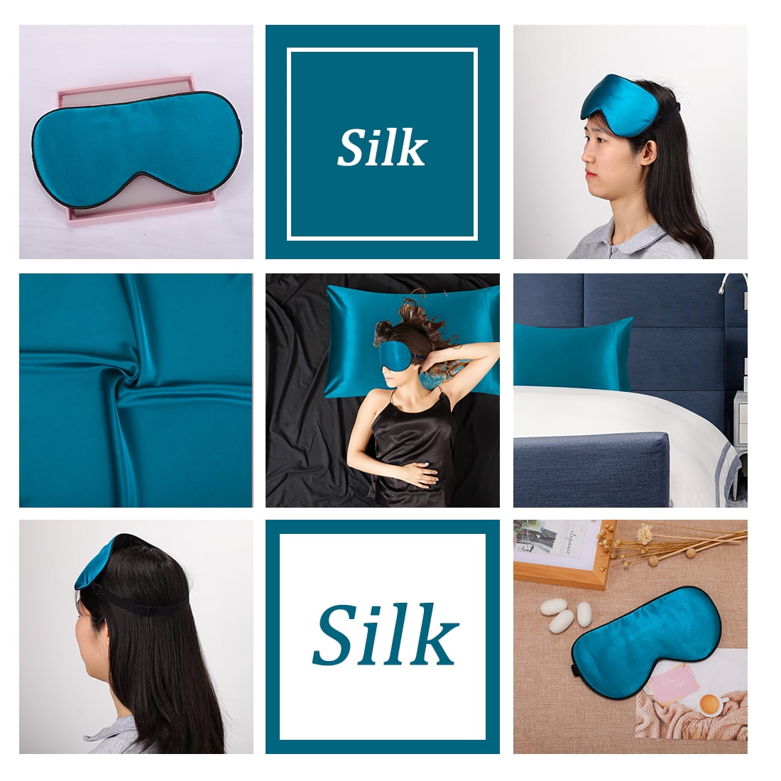 PiccoCasa Silk Pillowcases + Silk Eye Cover With Gift Box King Peacock Blue