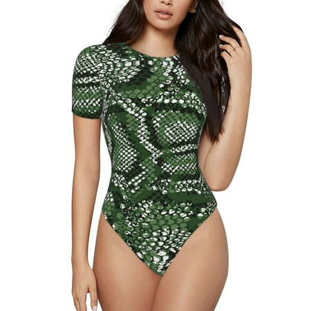 Gaeub Green Snakeskin Print Women s Short Sleeve One Piece Swimsuit Sexy High-Waisted Bodysuit Bathing Suit for Swimming  Beach  Sports-XX-Large