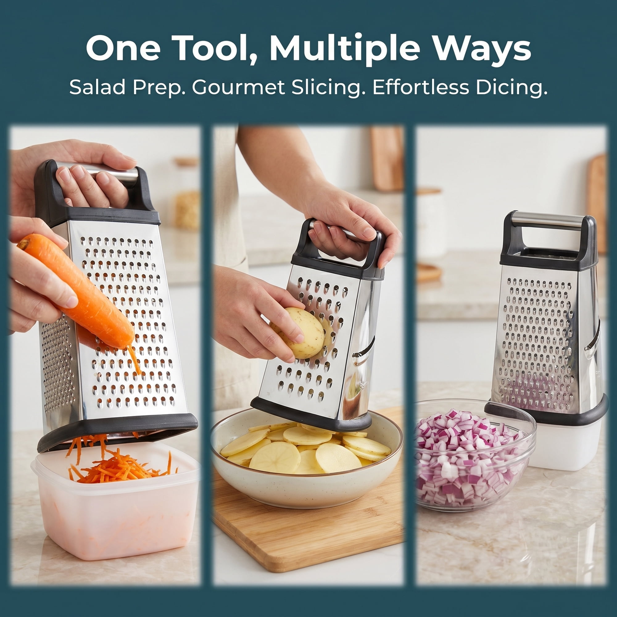 Unique Bargains 4-Sided Box Stainless Steel Mandoline Slicer with Non-Slip Base 5.5"x11.8"