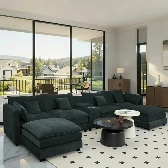 Black Couches for Living Room: U-Shaped 144" Extra Comfy Modular Sectional Sofa with Storage Ottoman & Cup Holders - 6 Seat Cloud Fluffy Chenille
