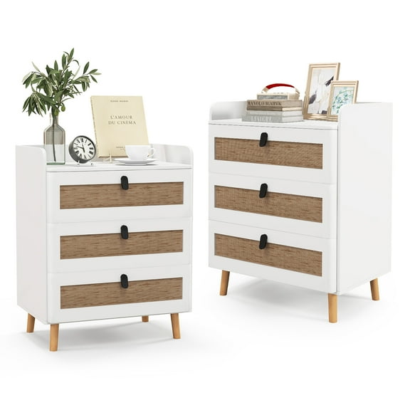 Gymax 2PCS Modern Nightstand End Bedside Table w/ 3 Rattan Drawers & Solid Wood Legs White