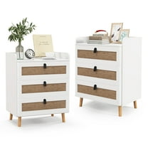 Gymax 2PCS Modern Nightstand End Bedside Table w/ 3 Rattan Drawers & Solid Wood Legs White