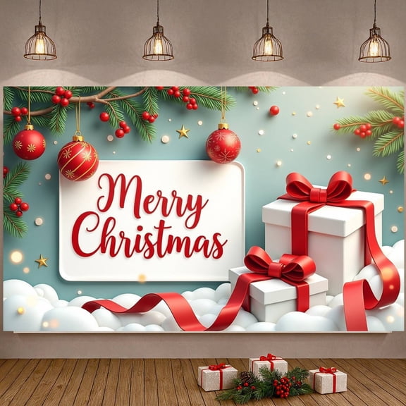Red & Gold Theme Merry Christmas Banner Christmas Ornament Christmas Display Pine Branch Gift Box Design Xmas Backdrop for Christmas Party Holiday Decoration Indoor Celebration