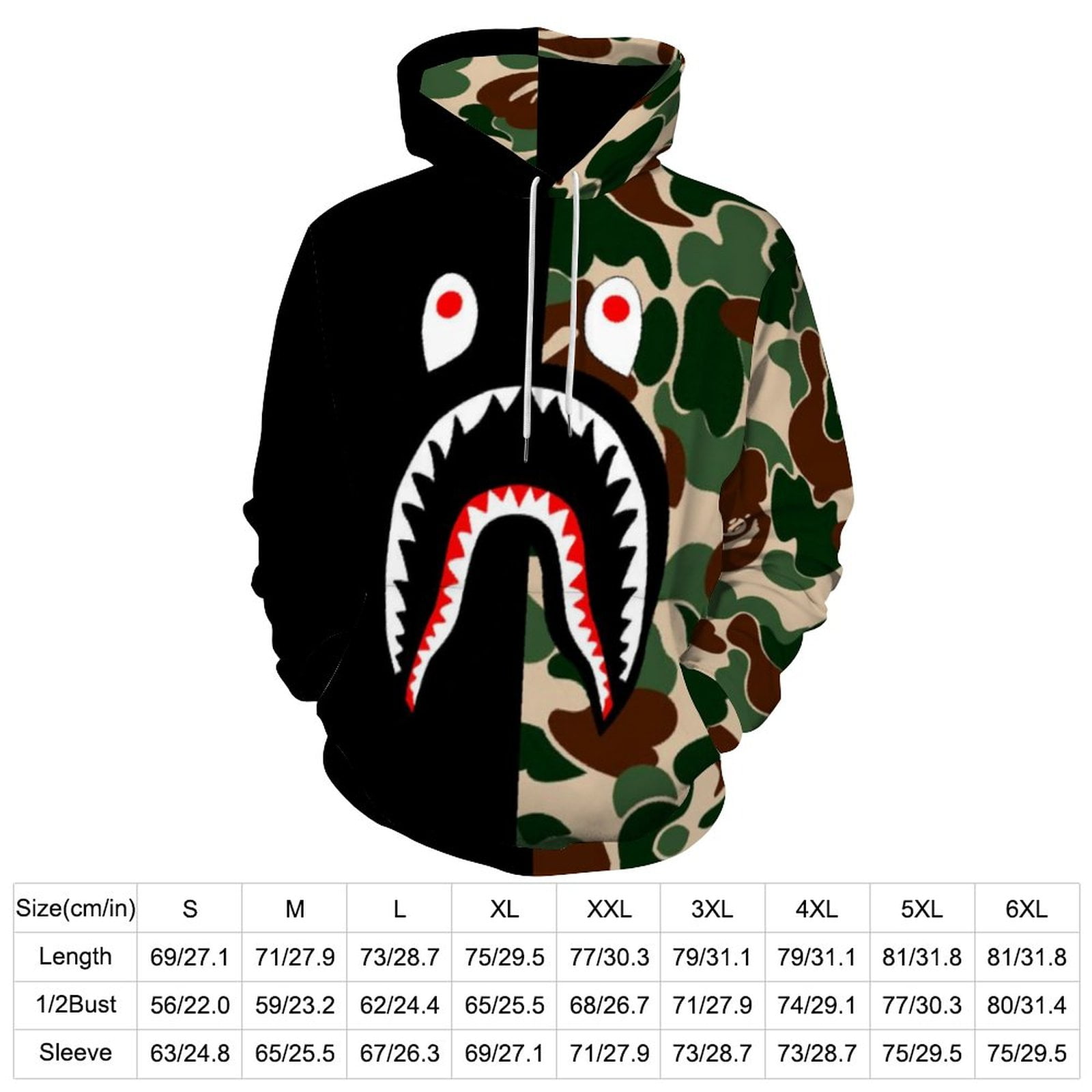 Bape Shark Camo Hoodie 3D Print Pullover Hooded Long Sleeve Sweatshirts Tops Blouse with Pocket for Mens Womens