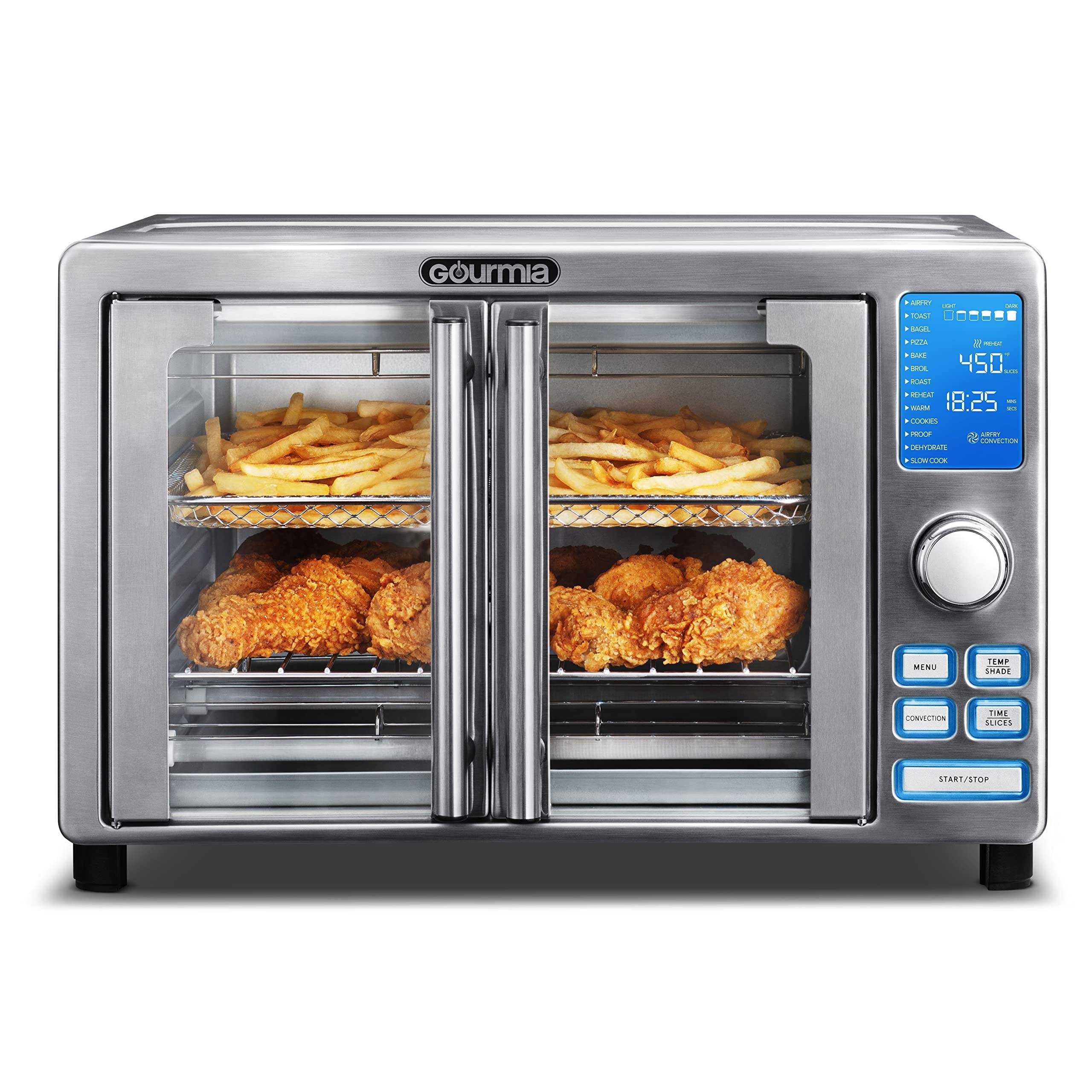 Gourmia Air Fryer French Door Toaster Oven - 6-Slice Capacity, LED Display, 14 Presets, Stainless Steel