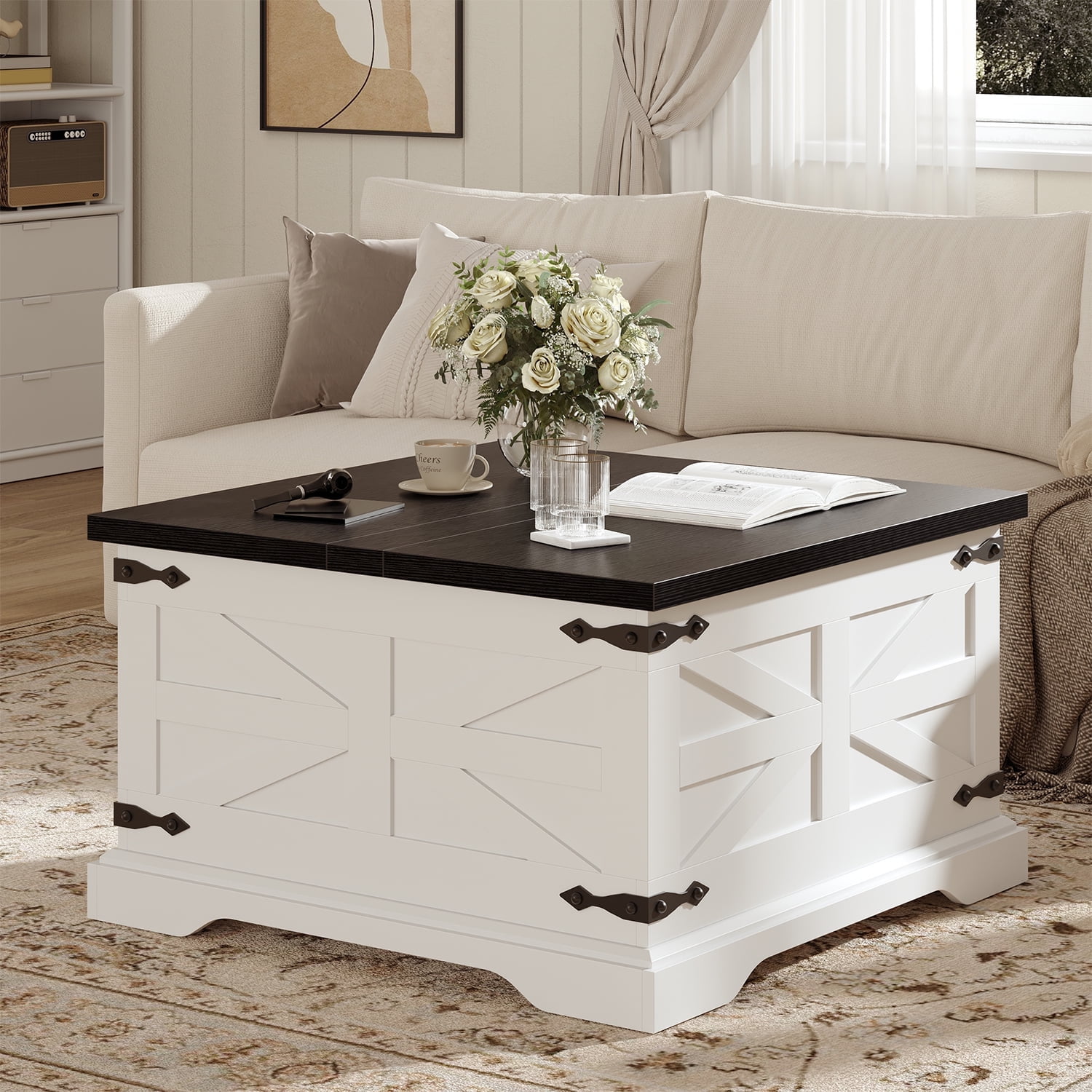 Frmobepts Farmhouse Coffee Table, Square Wood Center Table with Storage and Lift Top, Metal Corners for Living Room, White