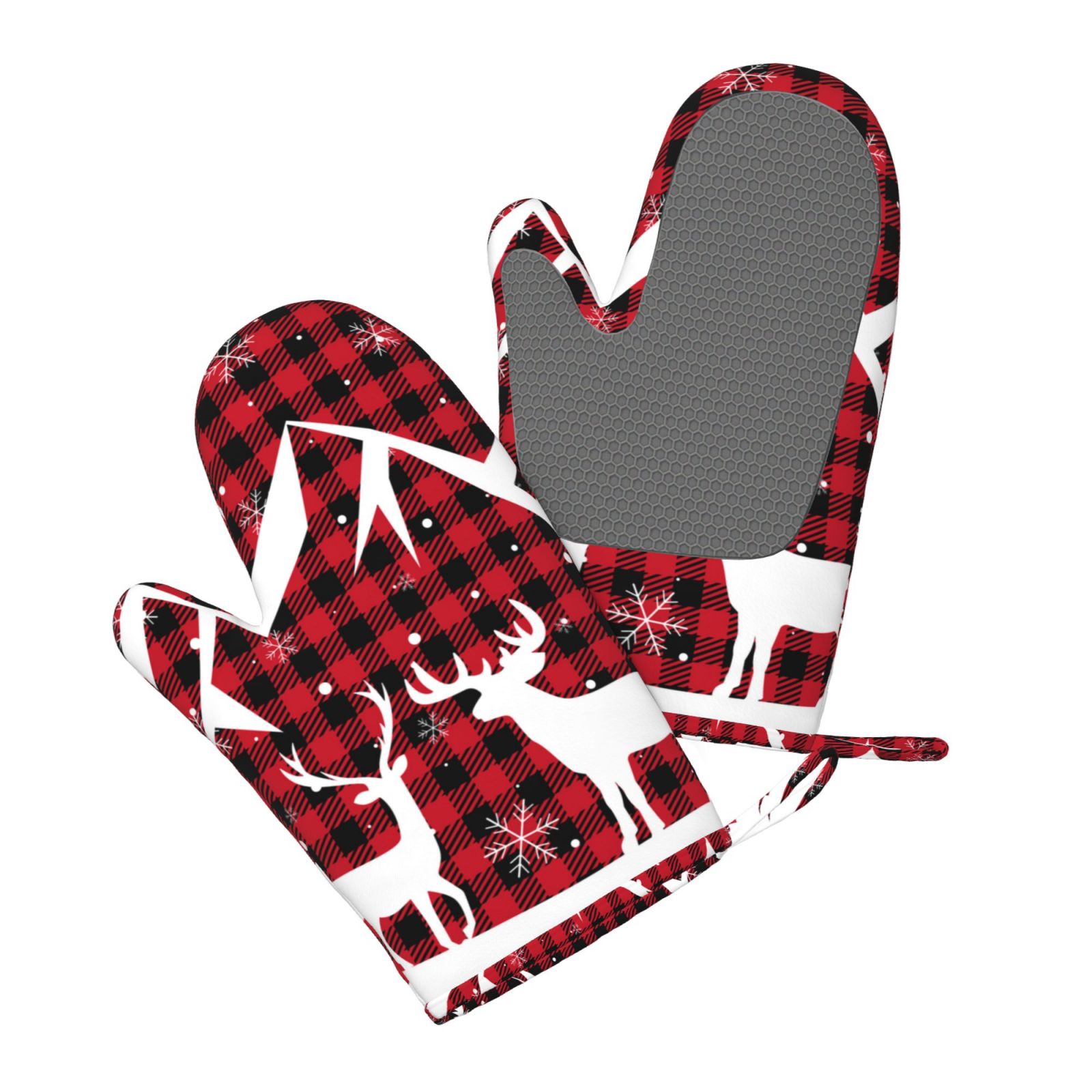 Hirioo Christmas Buffalo Plaid for Silicone Oven Mitts for BBQ, Baking, Cooking, Set of 2, Heat Resistant 260℃, Non-Slip Kitchen Essentials