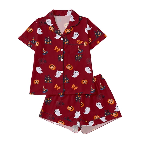 JIAYUE Girl Kids Pajamas Casual Halloween Pattern Printed With Notched Collar Short Sleeve Tops And Shorts For Home Wear Cozy For Lightweight And Breathable Comfort Sleepwear,7-8 Years