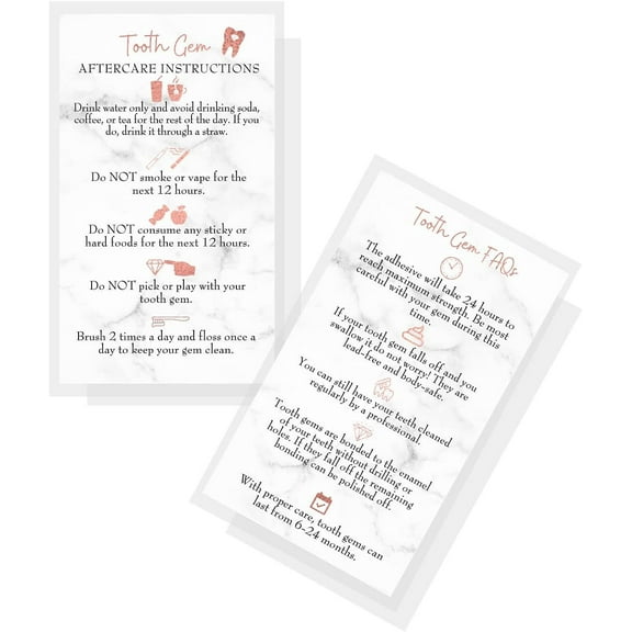 Boutique Marketing Tooth Gem Aftercare Instructions Cards  50 Pack  Size 2x3.5 in inch Business Card  Marble Look with Non-Metallic Rose Gold Foil Color Icons Design, black, white, rose gold