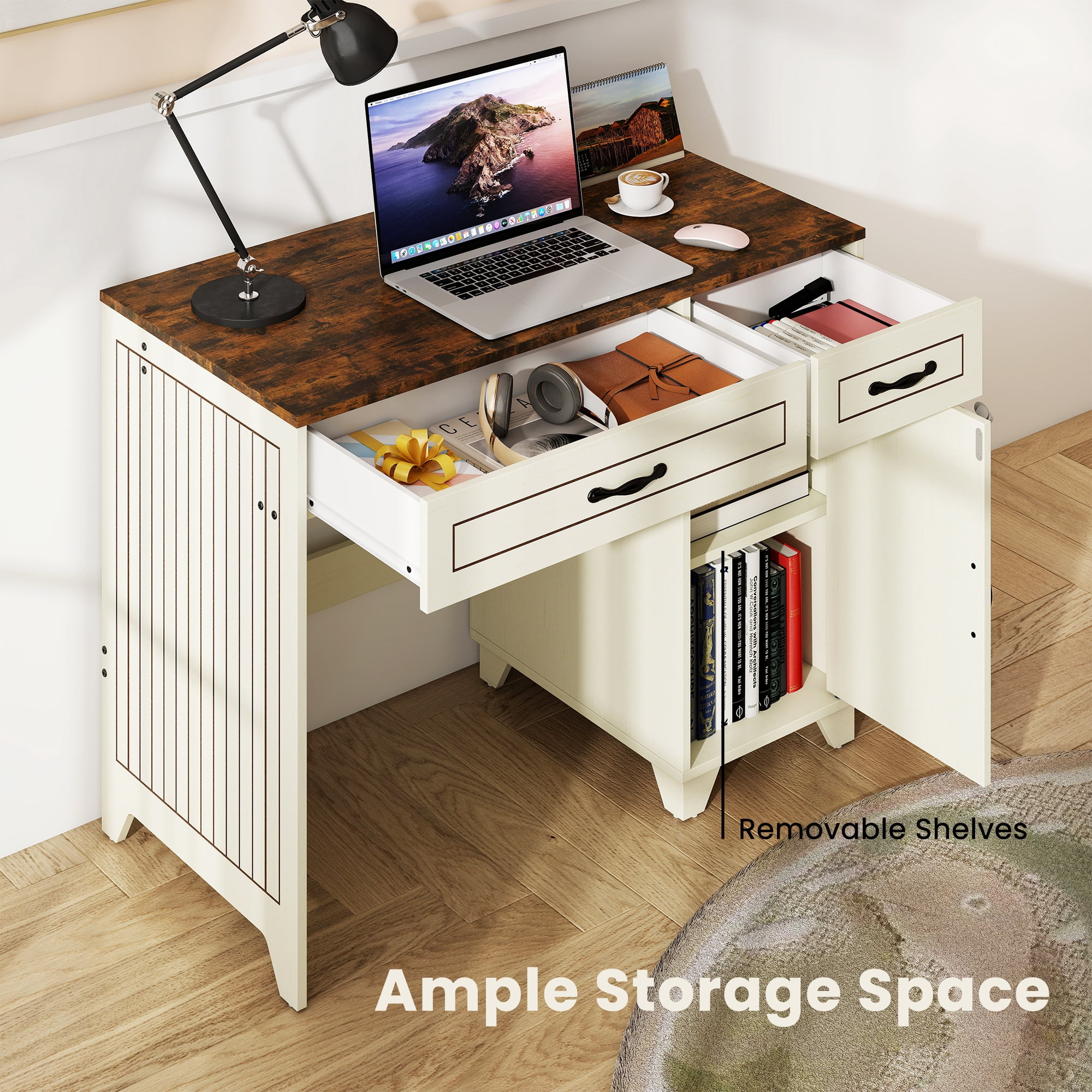 Manora Executive Desk, Modern Farmhouse Computer Desk with 2 Drawers & Cabinet, White Home Office Desk Writing Workspace for Work Study