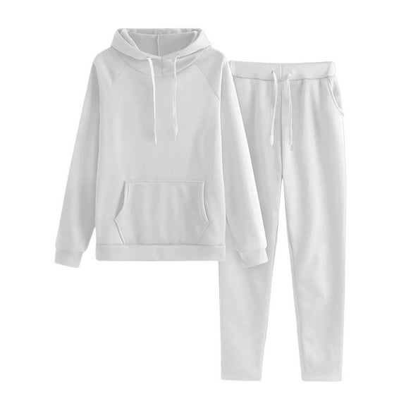 Hueook Sweat Suits For Womens 2 Piece Women's Fashion Sports Casual Long Pants Hooded Sweater Tops Pants Set Long Sleeve Hooded Set With Pockets White S
