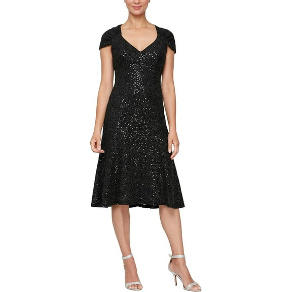 Alex Evenings V-Neck, Short Sleeve, Knee Length, Sequined, Floral Dress, Women's