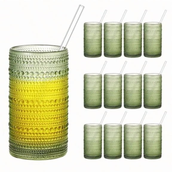 16oz Hobnail Drinking Glasses Set of 12 Vintage Large Capacity Emed Green Tumblers Highball Glasses for Water Cocktail Beer Whiskey Juice Bar Use