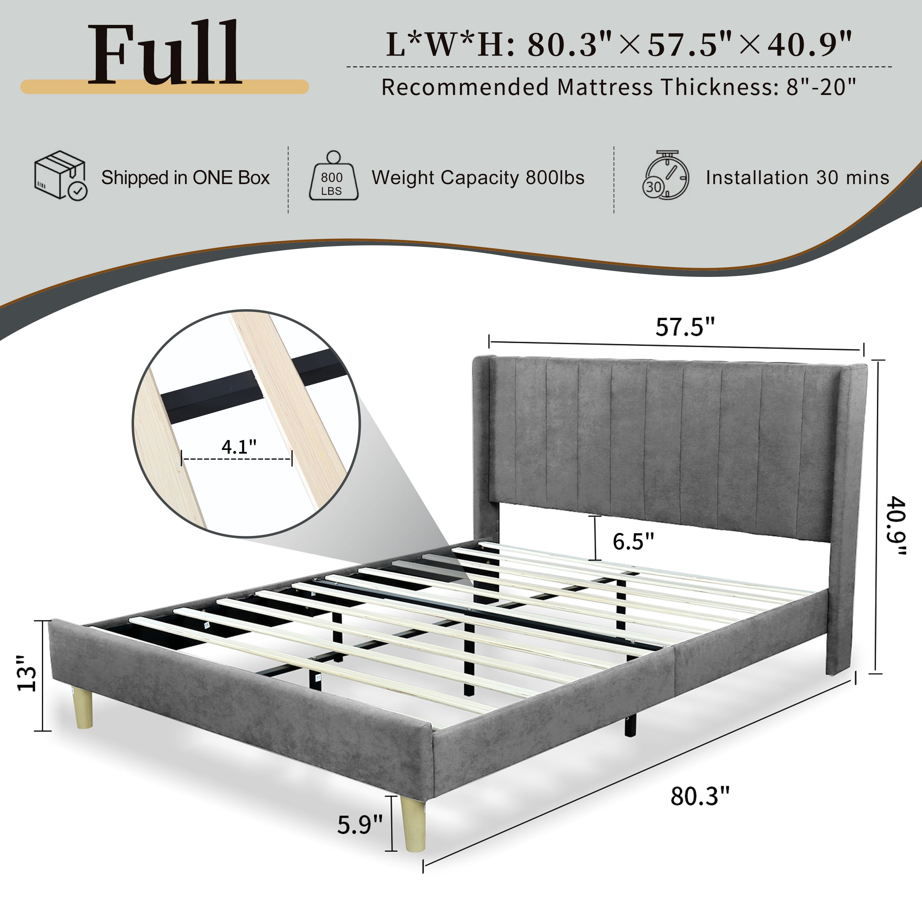 Full Size Upholstered Bed Frame,40.9" High Headboard,Strong Metal Frame,Wooden Slats Support,No Box Spring Needed,Easy Assembly,Velvet Fabric,Gray