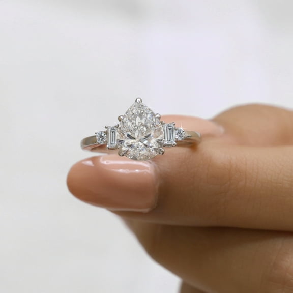 JEWELEGANT 2.5 Carat Pear Cut Moissanite Engagement Ring, Unique 5 Stone Wedding Ring for Women