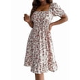 thumbnail image 2 of Women's Short Sleeve Floral Print Square Neck Tie Waist Ruffled Hem Midi Dress for Summer Casual White S, 2 of 8
