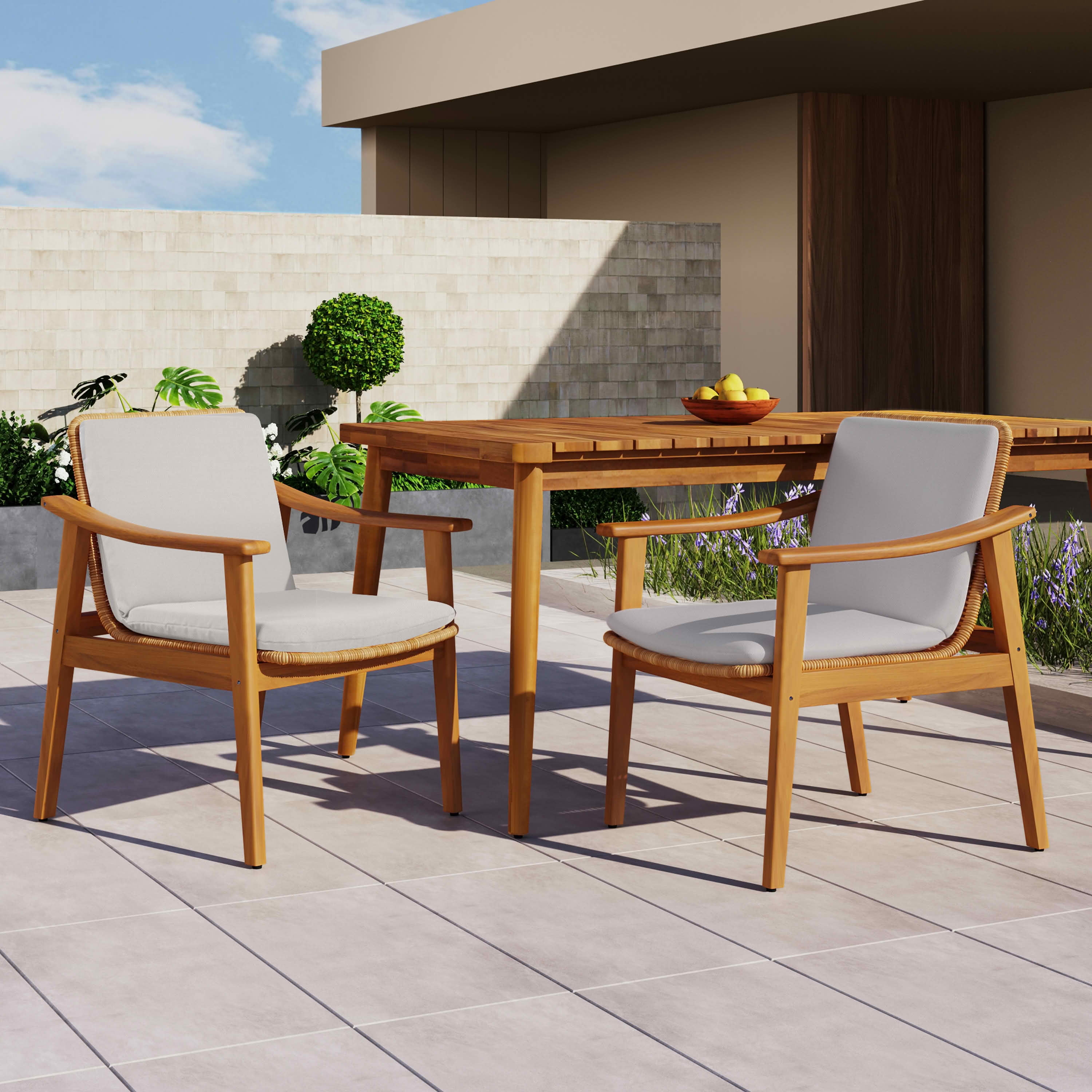 MAYEERTY Set of 2 Patio Acacia Wood Outdoor Chairs with PE Wicker & Waterproof Cushion 400lbs Capacity