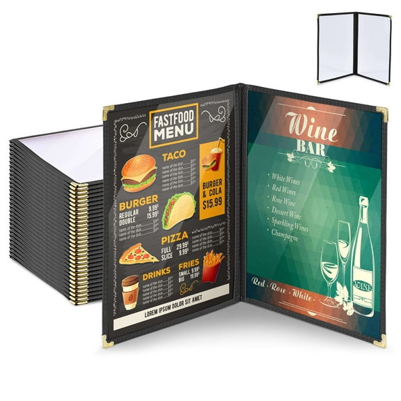 WeChef 30 pack 8.5"x11" Restaurant Menu Book Covers 2 Page 4 View Double Fold for Cafe Hotel Bar Black