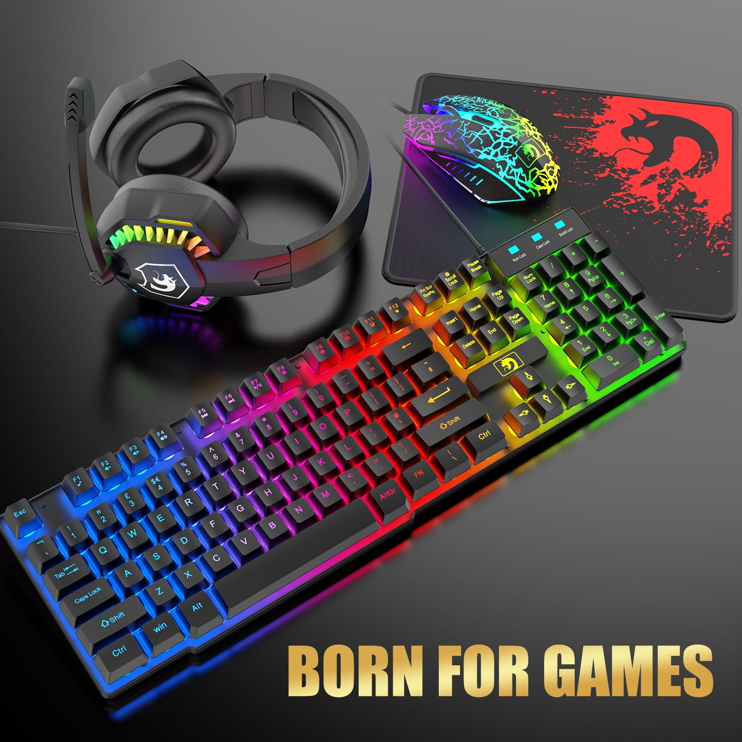 Wired RGB Backlit Gaming Keyboard and Mouse Headset Combo Gamer Bundle for PC Computer