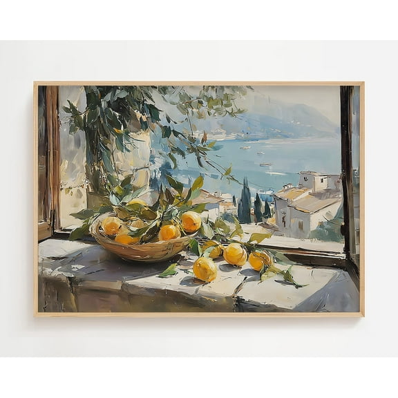 Mediterranean Lemon Wall Art, Italian Coastal, Amalfi Kitchen Decor, Summer Window Still Life, Seaside Fine Art Home Decor #1003, Unframed Poster Size 8x12