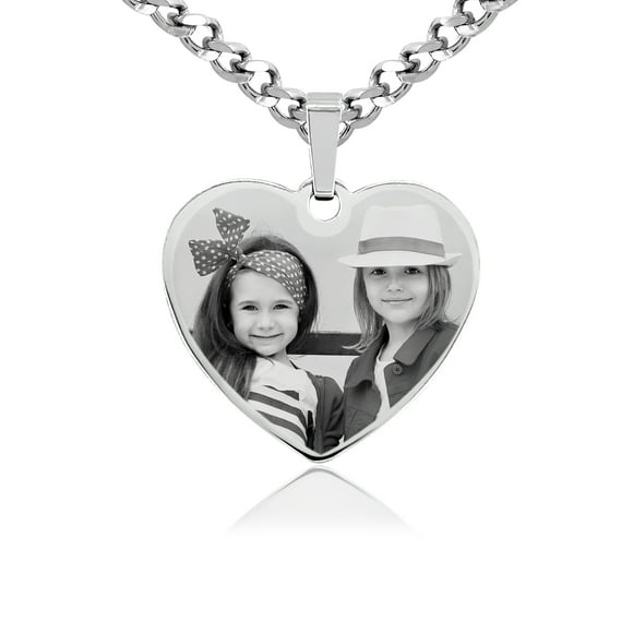 Photos Engraved - Custom Photo Engraved Small Heart Pendant in Stainless Steel - Free reverse side engraving - 18 in chain included - W-SHST