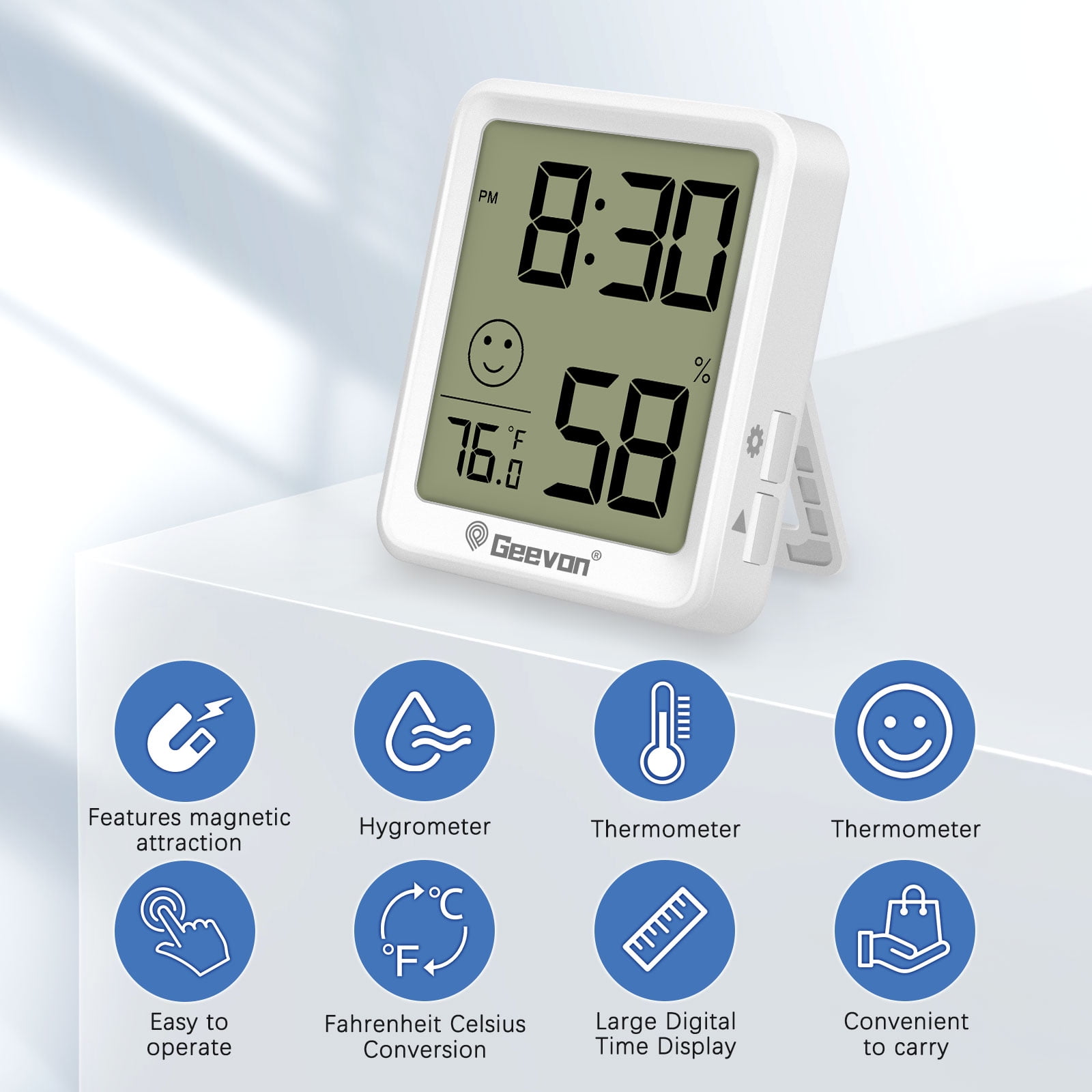 Geevon 6 Pack Digital Hygrometer Indoor Thermohygrometer, Room Thermometer Humidity Meter with Time for Home, Bedroom, Baby Room, Office, Greenhouse, Cellar (White)